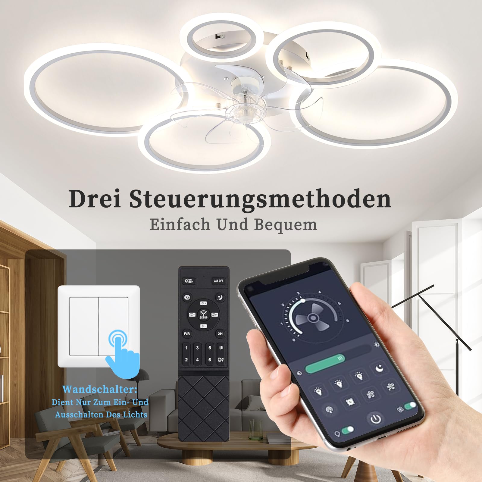 Ventilador LED De Techo Con Luz De 130 W Y Control Remoto, 3 Temperaturas De Color Y 6 Velocidades Para Sala De Estar O Dormitorio