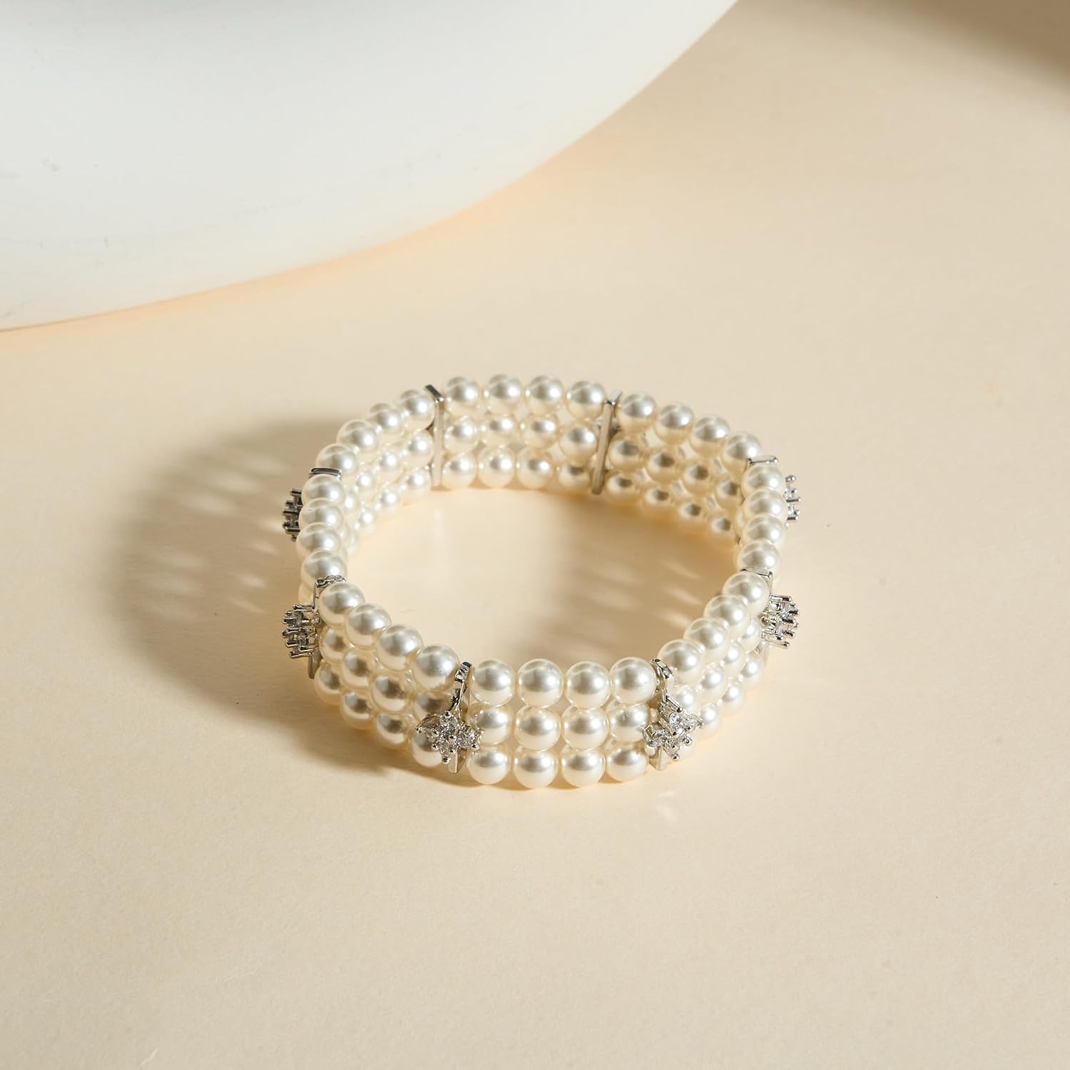 IDOKAWA Imitation Pearl Bracelet for Women Plated Sliver Trendy Stuff 3 layer White Pearl Wrist Bracelets Jewelry Gifts for Bridesmaid Bridal Wedding