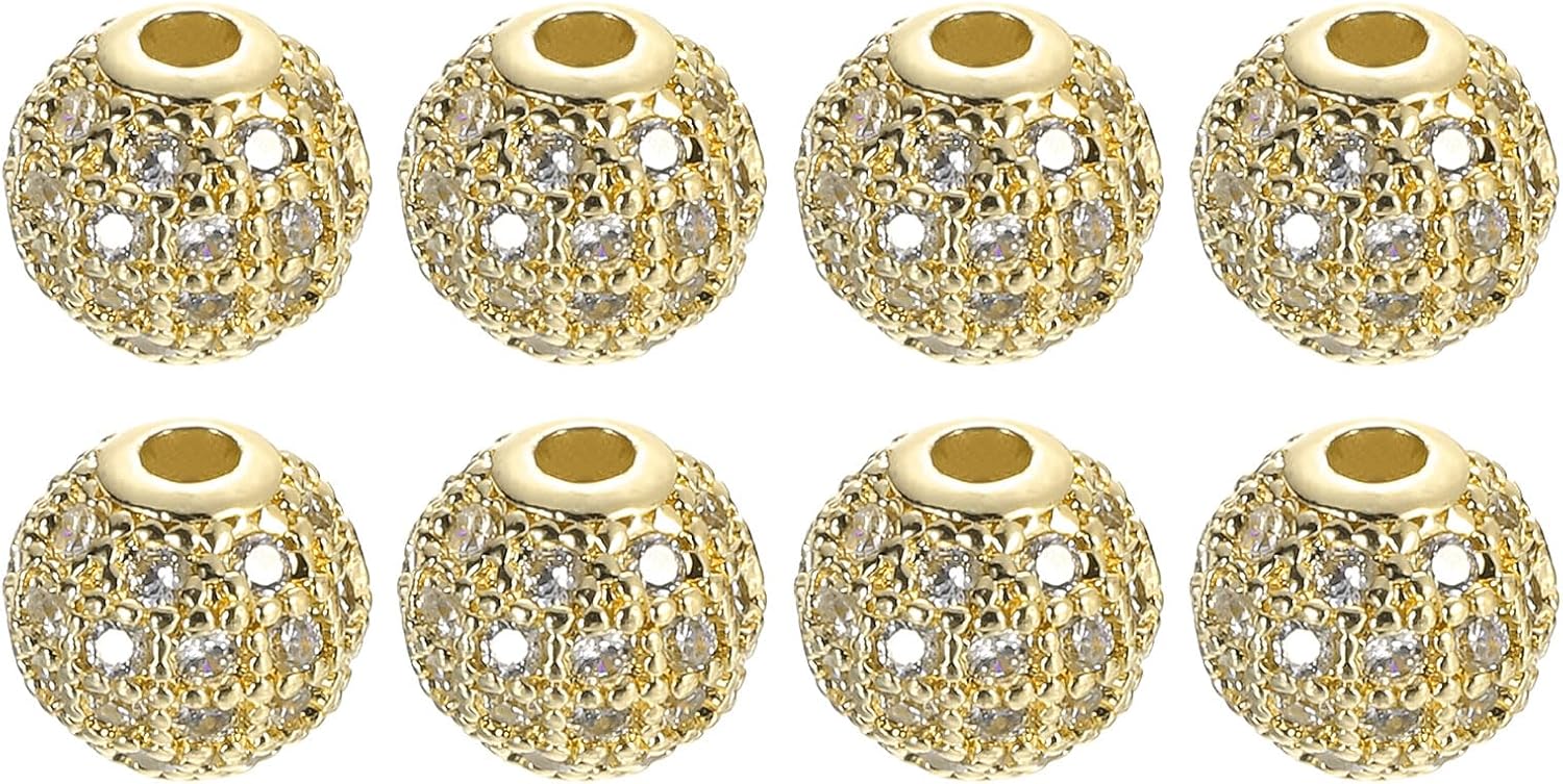 UXcell Round Charm Beads, 8 Pcs 12mm - Brass Rhinestone, Zircon for DIY Jewelry (White - Rose Gold)