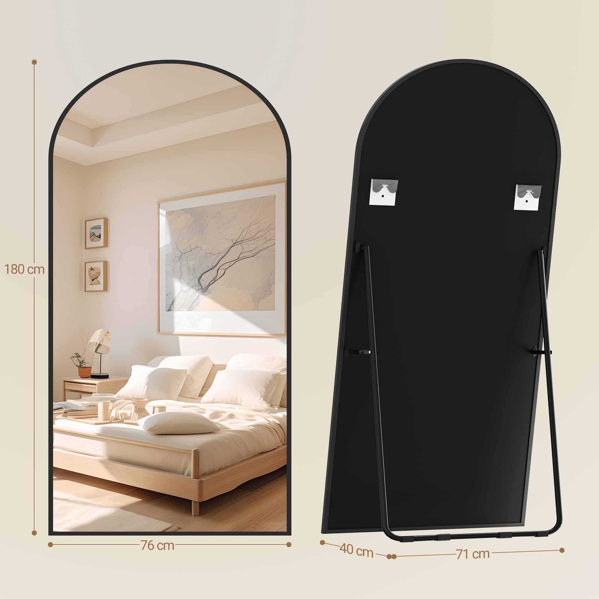 Hzuaneri Ganzkörperspiegel, 180 x 76 cm, Standspiegel mit Ständer, Ganzkörperspiegel zur Wandmontage, Hartglas, Rahmen aus Aluminiumlegierung, Für Schlafzimmer, Wohnzimmer,Schwarz DM42199B