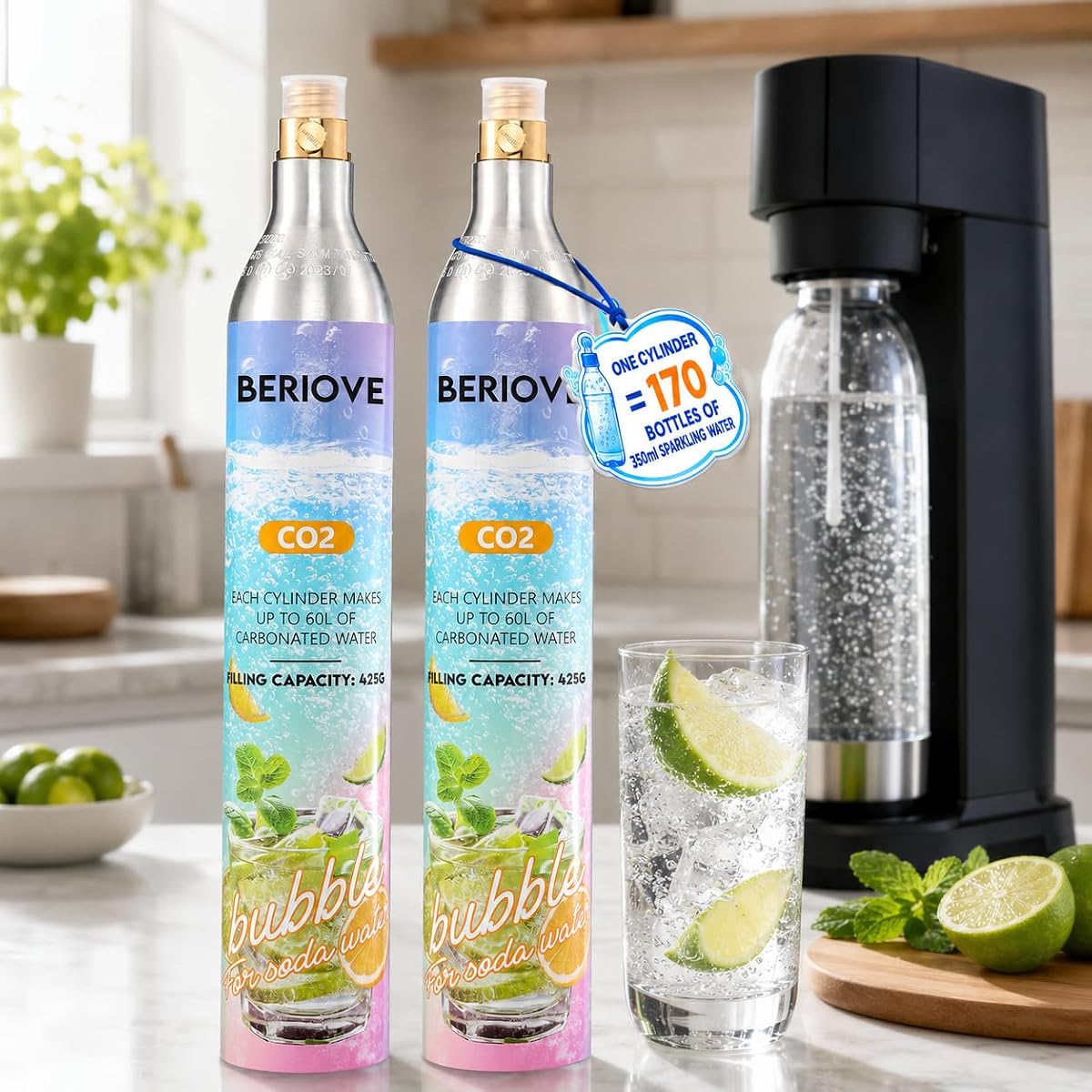 CO2 Cylinder for Soda Maker: 60L 2 Pack Durable CO2 Cartridges | Screw-In Soda Makers Compatible, Exchange Carbonator & Sparkling Water - Carbonates Any Drink with Threaded Cylinders
