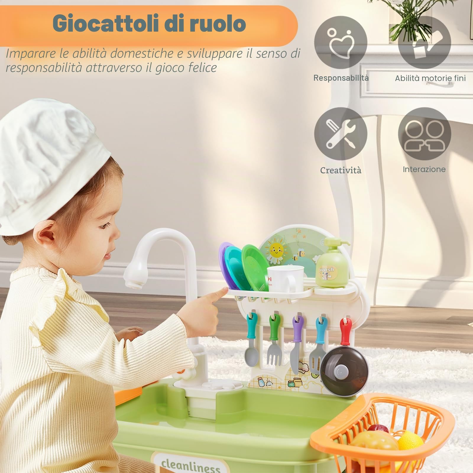 Lavello giocattolo con acqua di rubinetto,Lavandino Giocattolo per Bambini,Set di giocattoli da cucina con rubinetto funzionante con Portapiatti e Giocattoli Alimentari per ragazzi ragazze 3 4 5 6