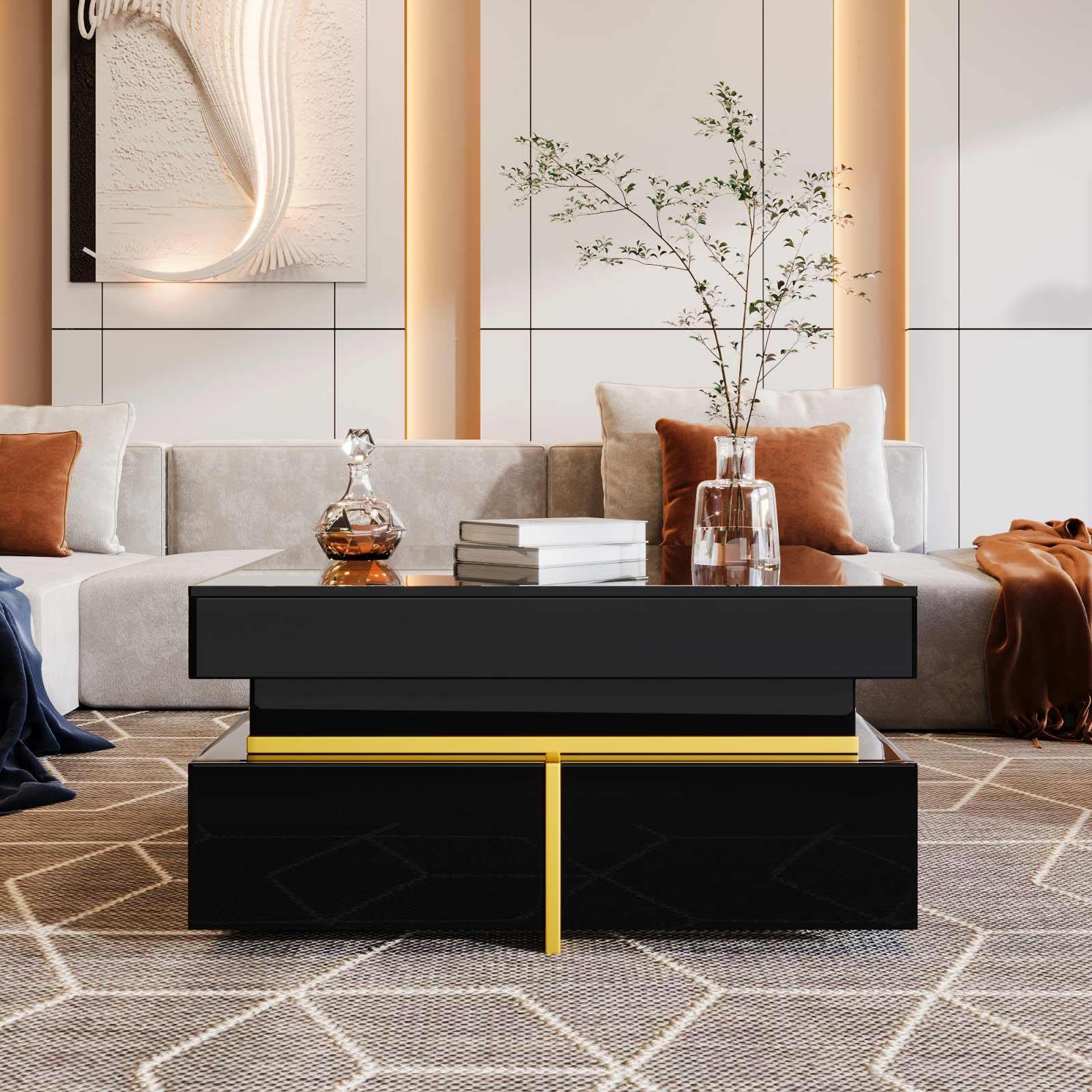 YEHTOKHOME Table Basse Moderne,Table de Salon Brillante,Table Basse multifonctionnelle avec tiroirs,Table d'appoint carrée avec Accents dorés (Noir)