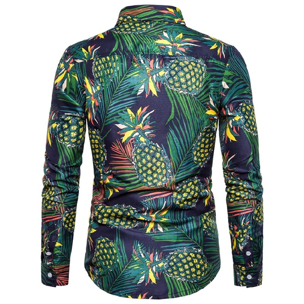 HGJH Hawaii Hemd Männer, Herrenhemd Langarm Ananasblätter Aufdruck Hawaiihemd Kubakragen Schwarz Langarm Button Down Weiches Strandhemd Henley Shirt Für Herren Jungen