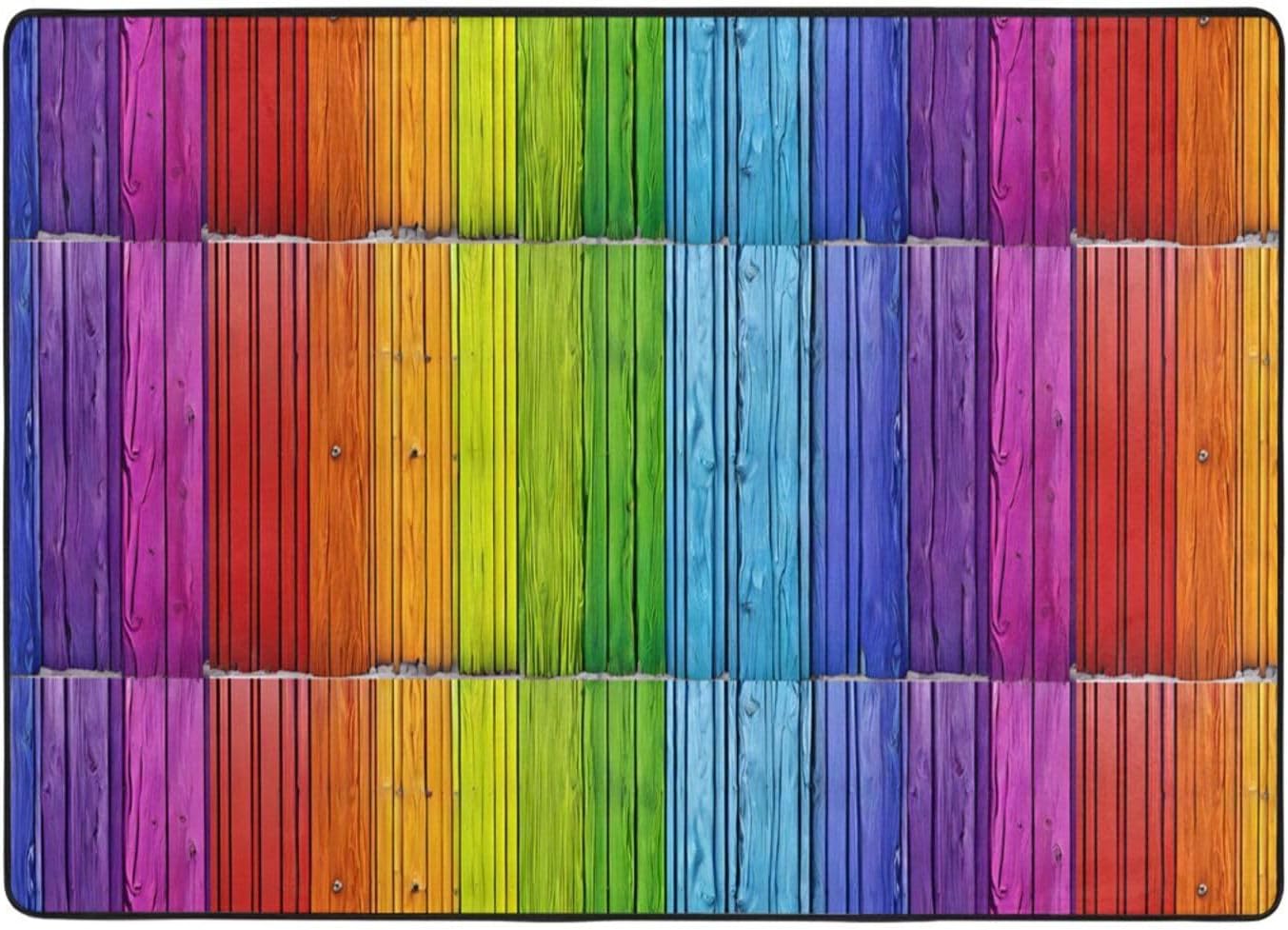 Flannel Non-Slip (Rainbow Colored Wood Background) Rug Pad 80×50in Soft Washable Protective for Hardwood Floors Bedroom Bathroom Living Room