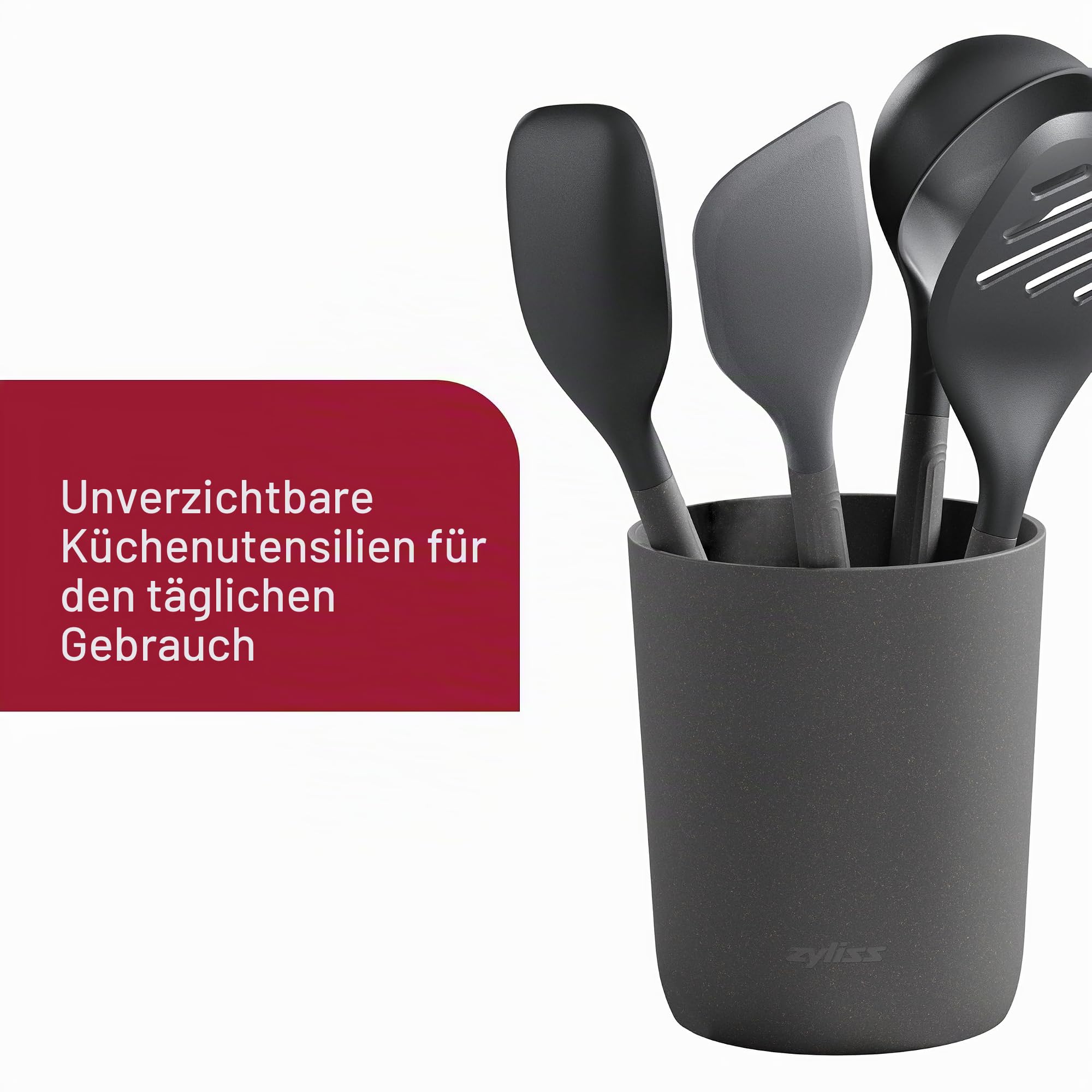 Zyliss 5-teiliges Silikon Küchenhelfer Set mit Aufbewahrung, Kratzt Nicht | Inkl. Suppenkelle, Pfannenwender, Spatel, Kochlöffel, Behälter, Hitzebeständig, Küchenutensilien, Spülmaschinenfest