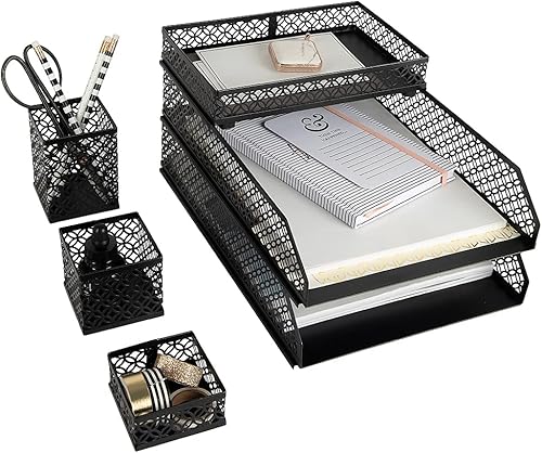 BLU MONACO Suministros de oficina, accesorios de escritorio negros para mujeres, juego de 6 piezas entrelazadas elegante organizador de escritorio,