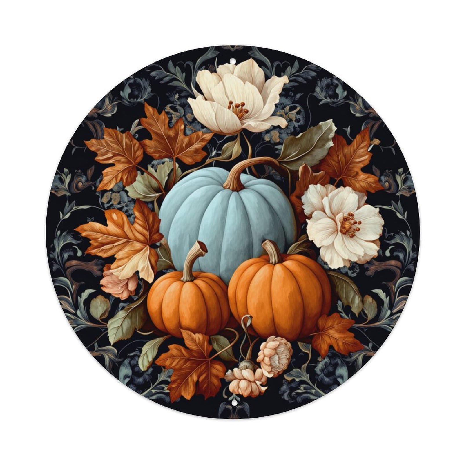 Autumn Pumpkin Floral Leaves Pattern Round Tin Sign Vintage Metal Poster, Home Bar Garage Man Cave Cafe Indoor & Outdoor Wall Decoration 8x8Inches