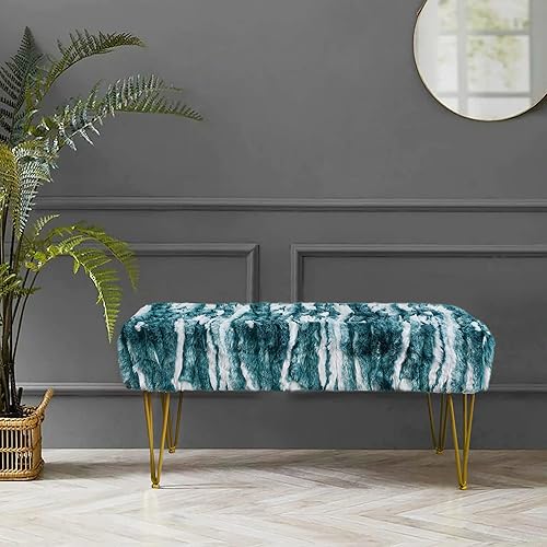 Miniatura 44 de Banco largo rectangular azul otomano suave de piel sintética de 46 x 16 x 22 pulgadas, taburete reposapiés peludo para dormitorio al final de la
