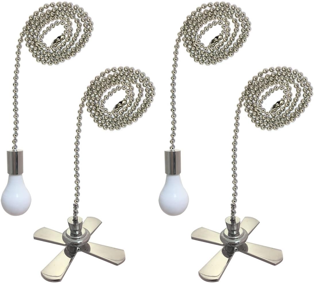 Royal Designs Ceiling Fan Pull Chain Beaded Ball Extension Chain with Decorative Fan and Light Bulb, Nickel Plated, Set of 4