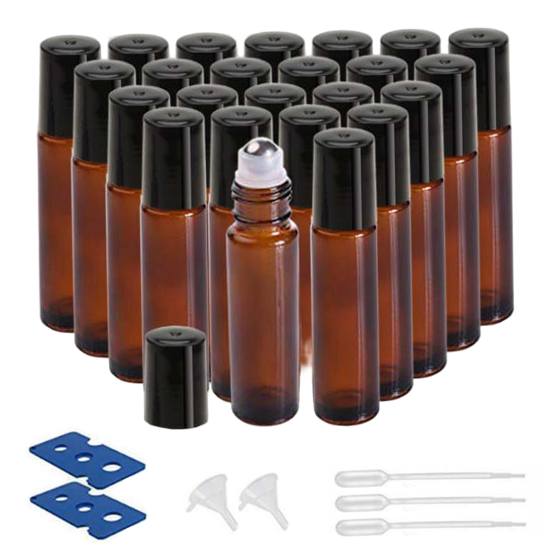 Bemonew Glass Roller Bottles, 24 Pack Oil Roller Bottles with Tool Leak-Proof Glass Rollerball Applicators Refillable for Oils & Perfumes, 10ml, Brown