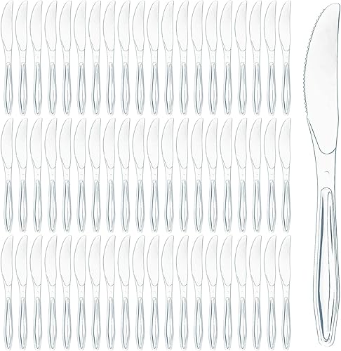 Prestee Paquete de 100 cuchillos de plástico para cubiertos, resistentes y transparentes, para fiestas, catering y eventos, utensilios desechables