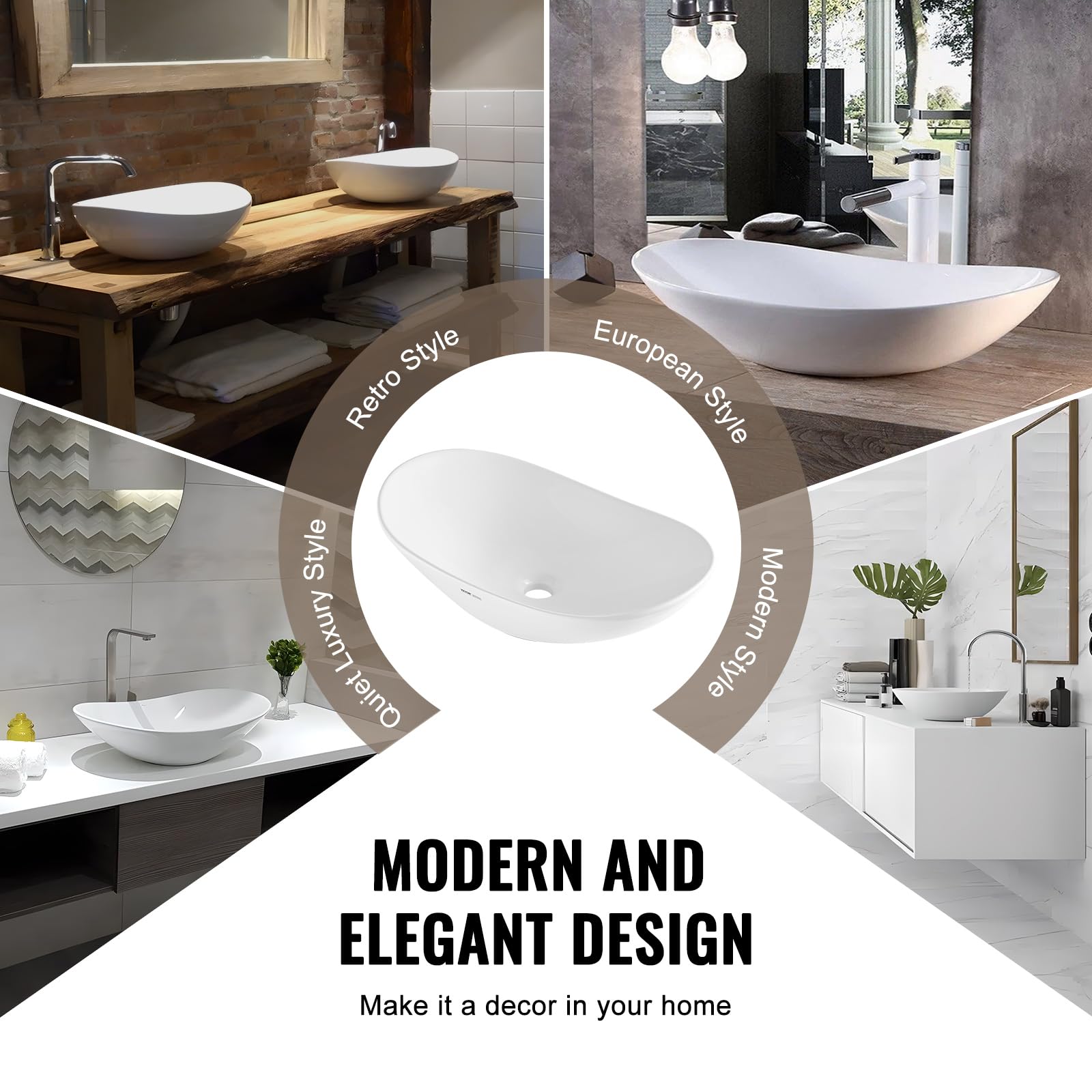 VEVOR Lavabo Ovalado de Cerámica Blanca para Baño, 592 x 361 x 158 mm, Sobre Encimera, Estilo Moderno, Bien Empaquetado para Hotel, Inodoro, RV, con Fregadero de Vasija