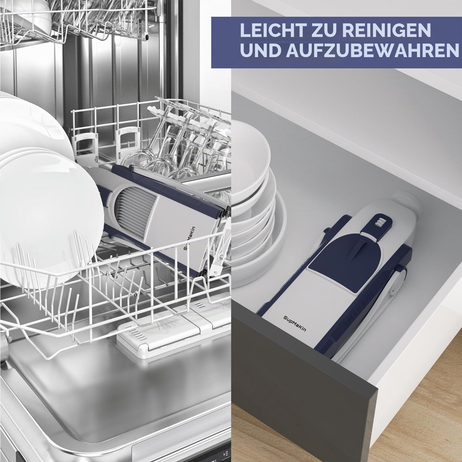 SUPMAKIN Gemüseschneider mit Auffangbecken – Manueller Gemüsehobel & Pommesschneider, Verstellbar 0,1–8 mm, Gurkenhobel Zwiebelschneider Mandoline Julienne Küchen Gemüse Küchenzubehör (6 in 1)