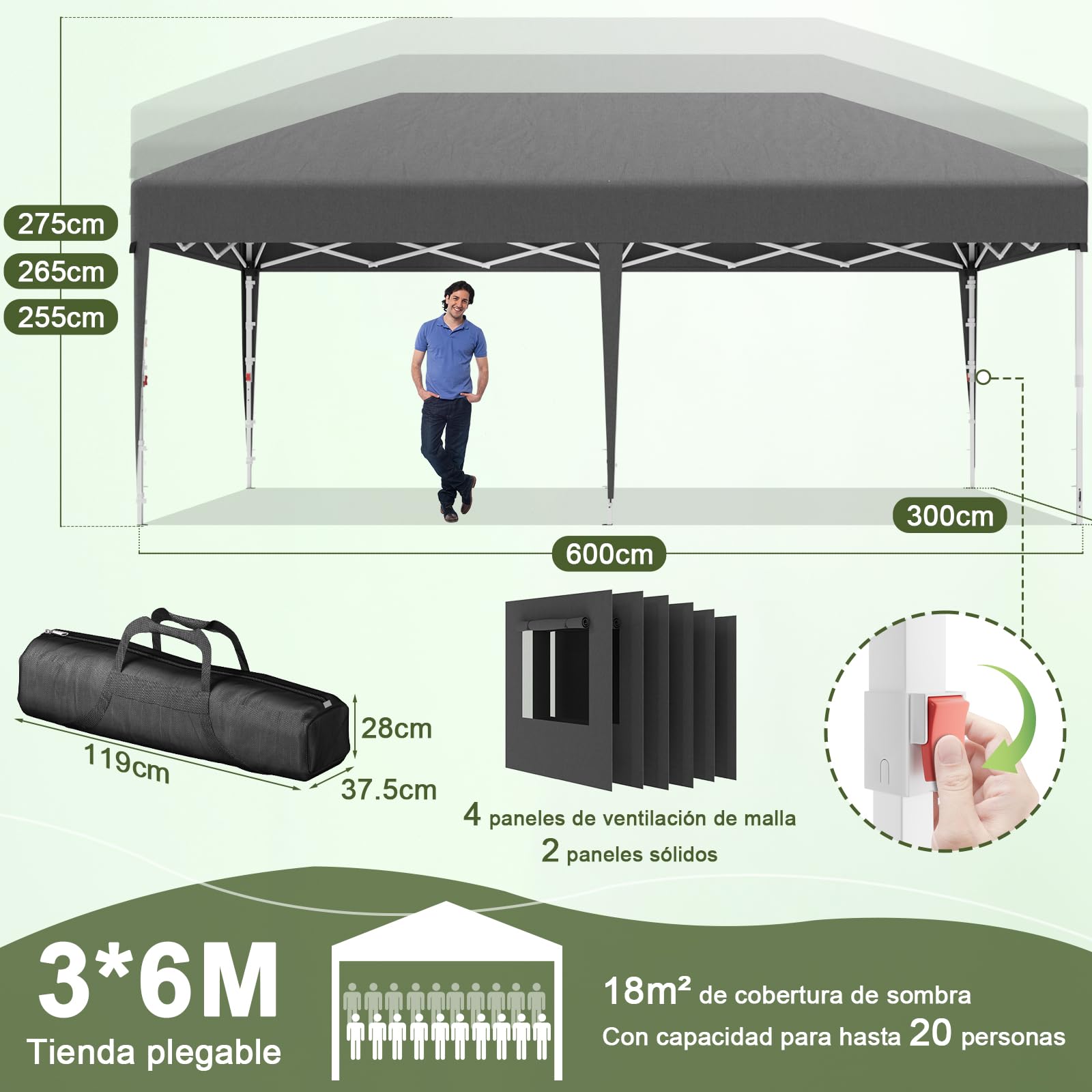 DEVOKO Carpa plegable con ventanas de malla ventilada,pabellón impermeable y resistente al invierno de3x6m,carpa plegable con laterales, protección UV50+carpa para fiestas en jardines patios y camping