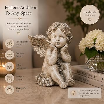 Düşünen Melek Heykeli 22 cm, El Yapımı Gümüş Eskitme Taş Tozu Biblo