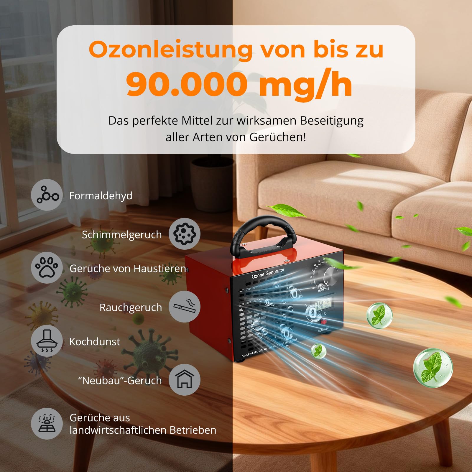 Generatore di ozono da 90000 mg/h, purificatore d'aria all'ozono, fino a 320 m², ozonizzatore O3 con timer da 120 minuti, per auto, fumo, garage, appartamento, hotel, pulizia degli odori, cucina