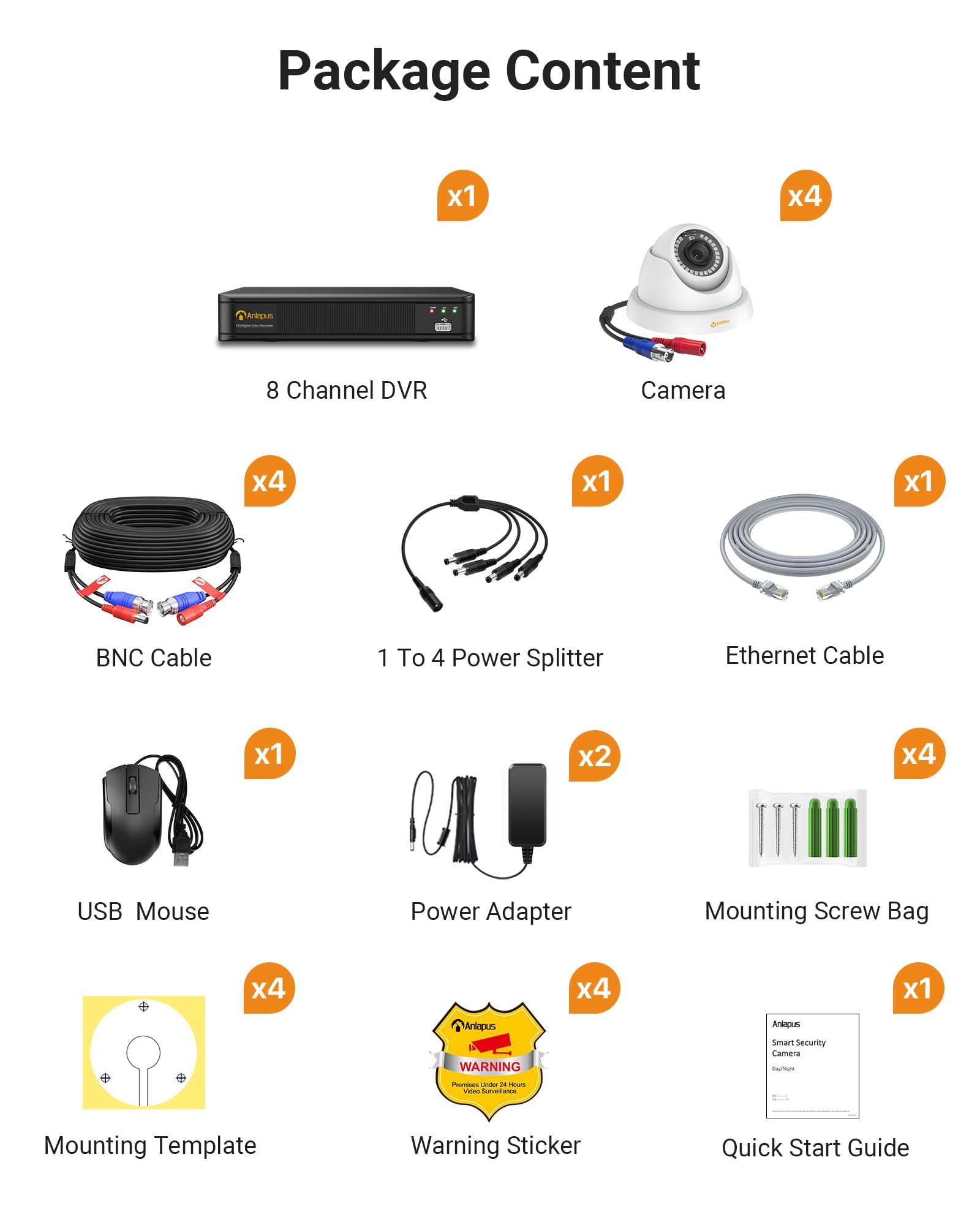 Anlapus 1080P Kit Telecamera di Sorveglianza DVR 8CH senza HDD, 4 Telecamere Dome Esterne 2MP, Rilevamento Persone e Veicoli, Visione Notturna 24 m