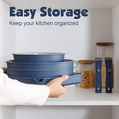 Miniatura 3 de SENSARTE Juego de ollas y sartenes de cerámica de 17 piezas, antiadherentes con mango desmontable, utensilios de cocina de inducción con mango