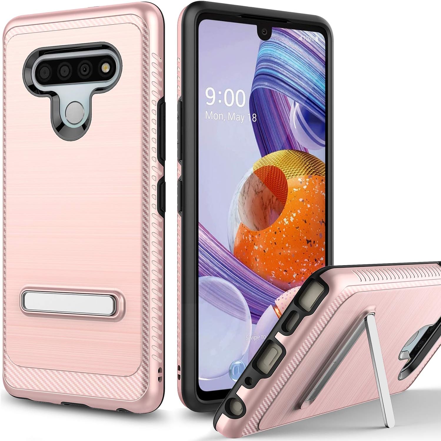 Androgate Designed for LG Stylo 6 Case with Kickstand, Hybrid Shockproof Raised Lip Protective Cover Bumper Case Compatible with LG Stylo 6, Rose Gold