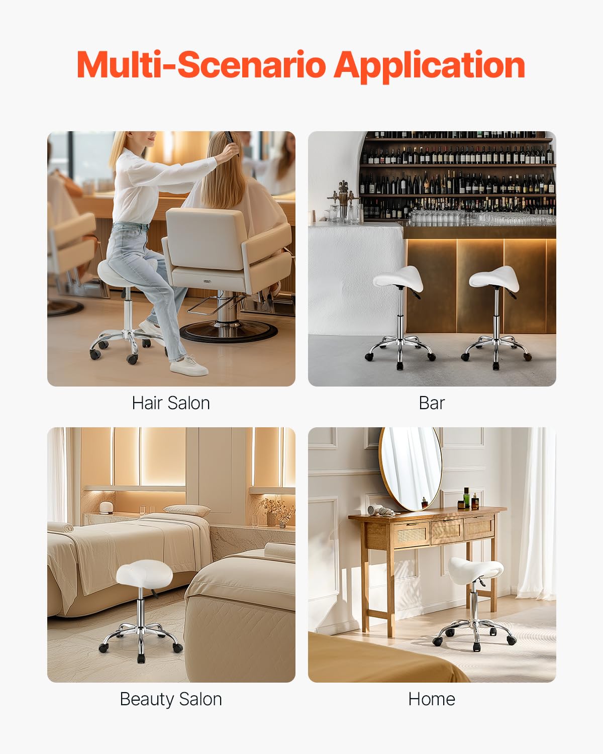 VEVOR Taburete Giratorio de Altura Ajustable de 55-71 cm, Carga de 204 kg, Taburete de Trabajo, Silla de Montar Giratoria Ergonómica de Cuero de PU Engrosada para Salón SPA Clínica de Masaje, Blanco