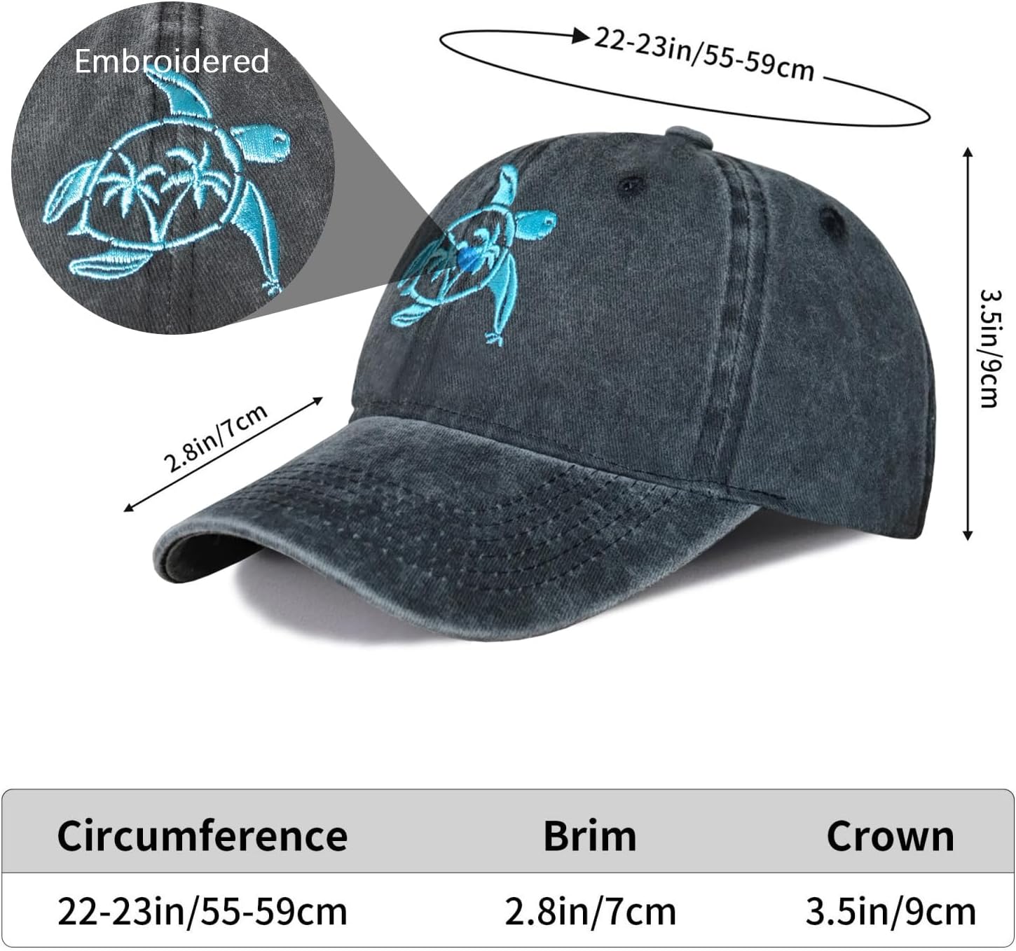 Women's Embroidered Sea Turtle Hat for Men Women, Adjustable Vintage Distressed Washed Cotton Baseball Cap - Image 5