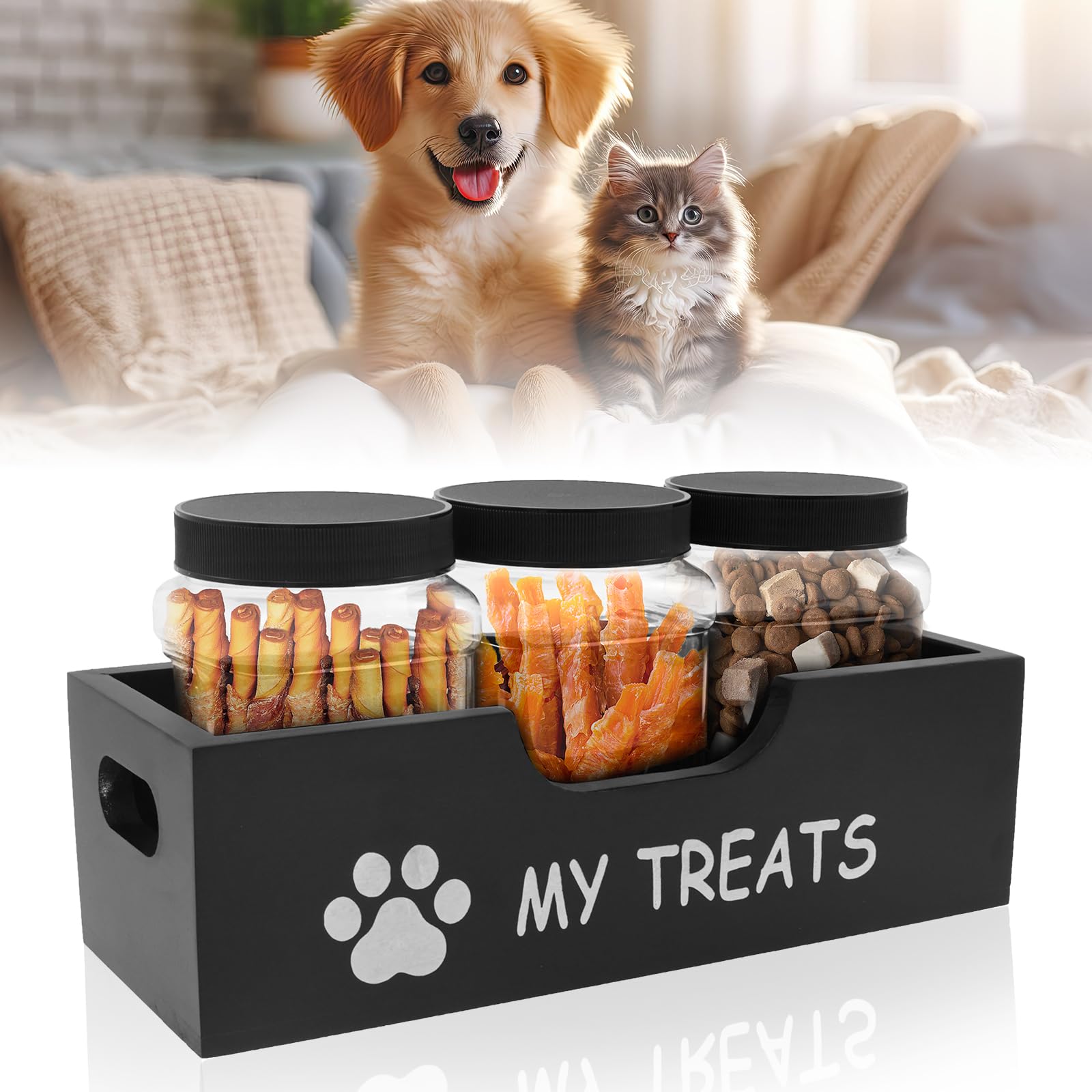 Dog Treat Container, Food Storage Container with 3 Plastic Dog Treat Jars, Reusable Cat Food Container, Pet Treat Storage Organizer, Wood Dog Treat