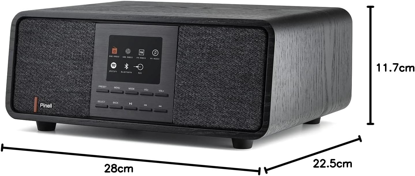 Dimensions of Pinell Supersound 501 radio: 28cm width, 11.7cm height, 22.5cm depth