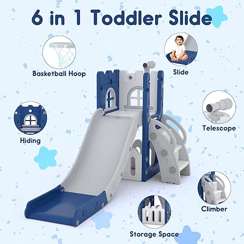 Miniatura 2 de Tobogán para niños pequeños 6 en 1, juego de juegos para niños pequeños para interiores y exteriores, tobogán para bebés con aro de baloncesto,