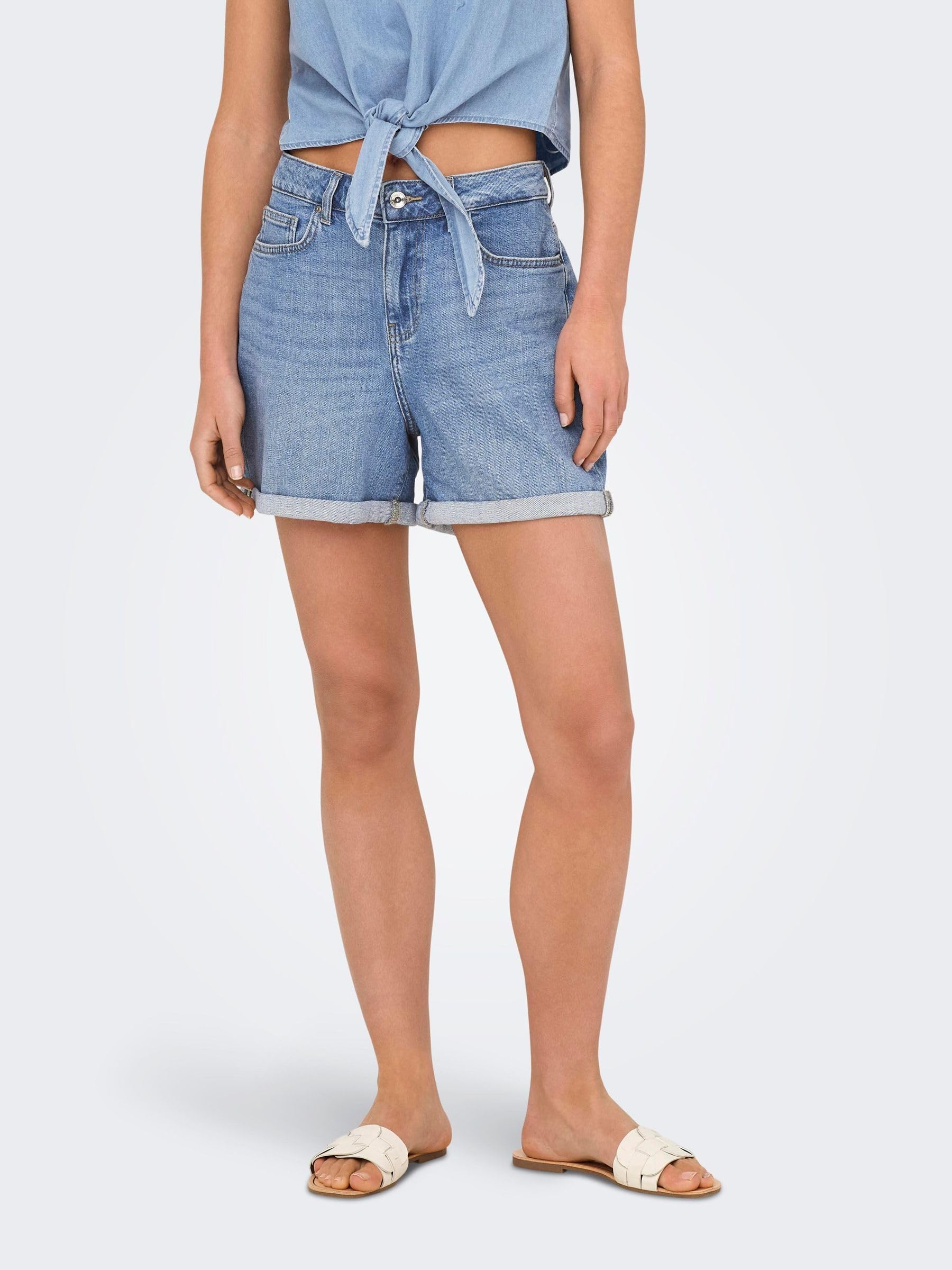ONLY Pantalones Cortos de Mezclilla de Cintura Alta para Mujer de la Marca, cómodos para el Verano.