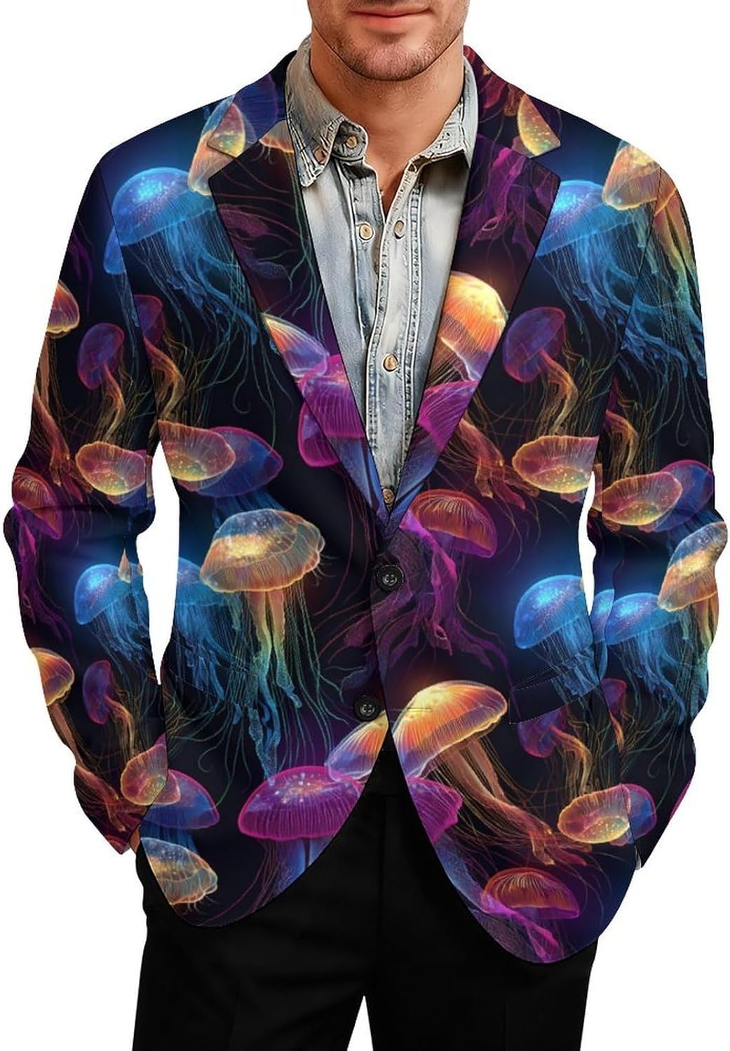 Glowing Colors Jellyfish Trendy Men's Two Button Suit Funny Casual Slim Fit Blazer Coat Tuxedos Jackets