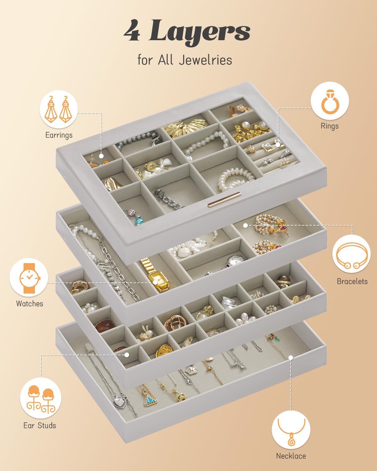 Large Jewelry Organizers and Storage Box, 4 Layers Stackable Jewelry Organizer Trays Clear Lid Cover for Drawers, Jewelry Boxes for Women, Stacker Jewelry Display Case - Image 3