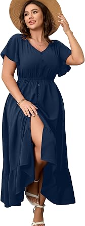 RWJ Women Plus Size Maxi Dress V Neck Short Sleeve Button Trim Split Casual