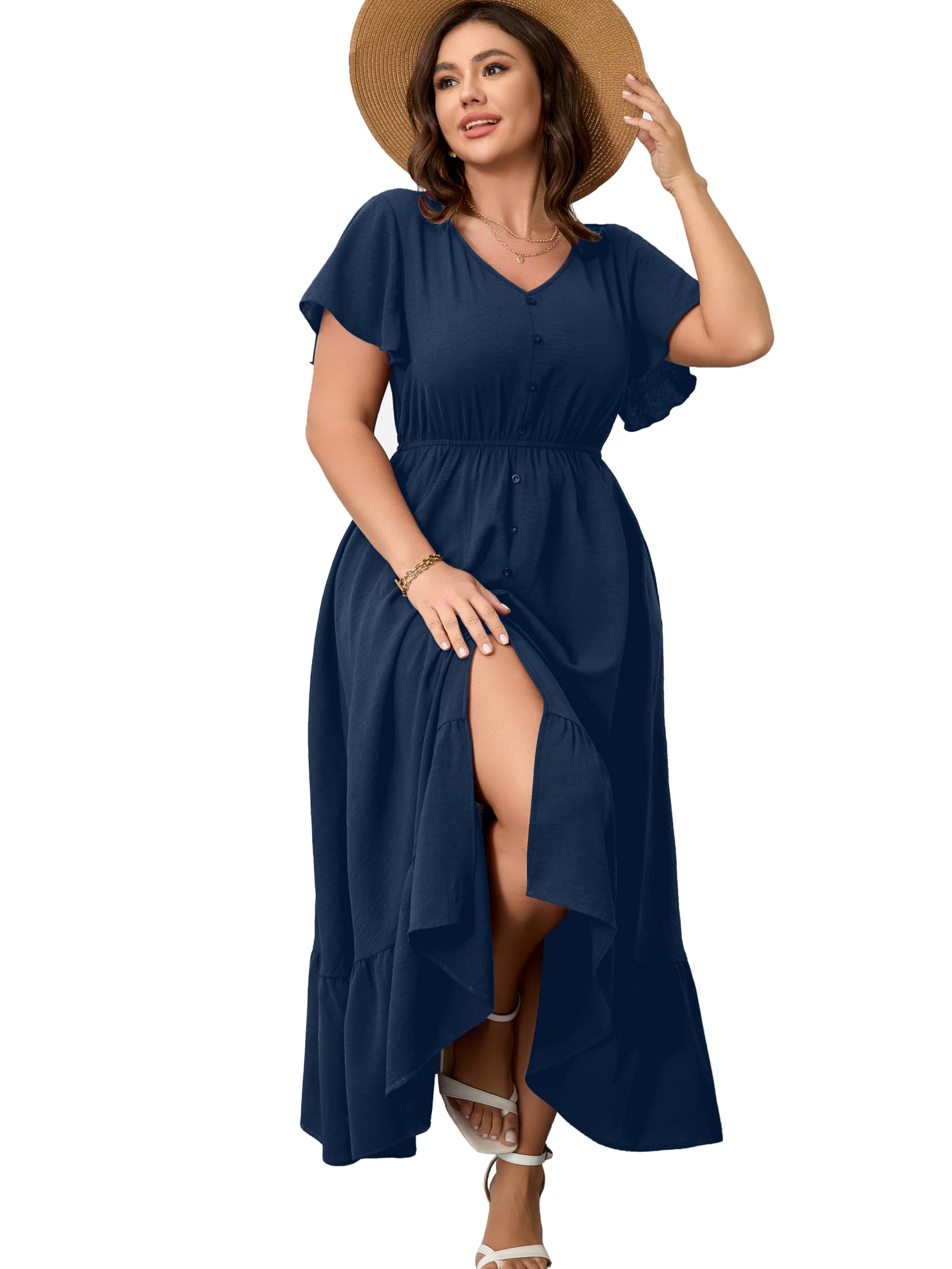 RWJ V-Neck Button Trim Maxi