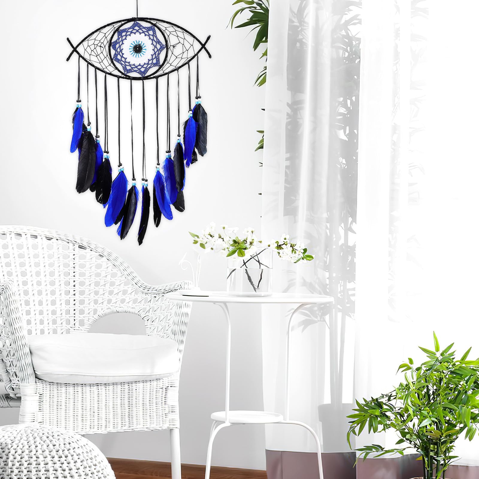 OSALADI 4 Stück Böser Blick Traumfänger mit Eisen Draht und Nylonfaden Federquasten Wanddeko für Schlafzimmer und Wohnzimmer Bringt Glück und Schützt das Zuhause