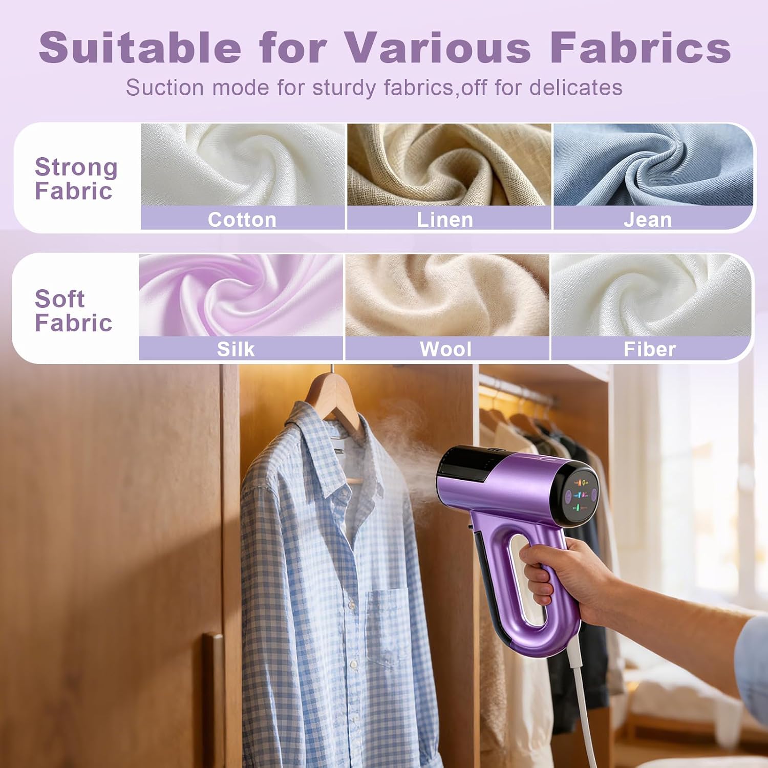 Vacuum Steamer for Clothes, 5500Pa Suction Handheld Portable Travel Steamers for Clothes, 3 in 1 Steaming & Ironing& Clean Dust Garment Steamer, Lightweight, for Wrinkle Removal (110V Use), Purple
