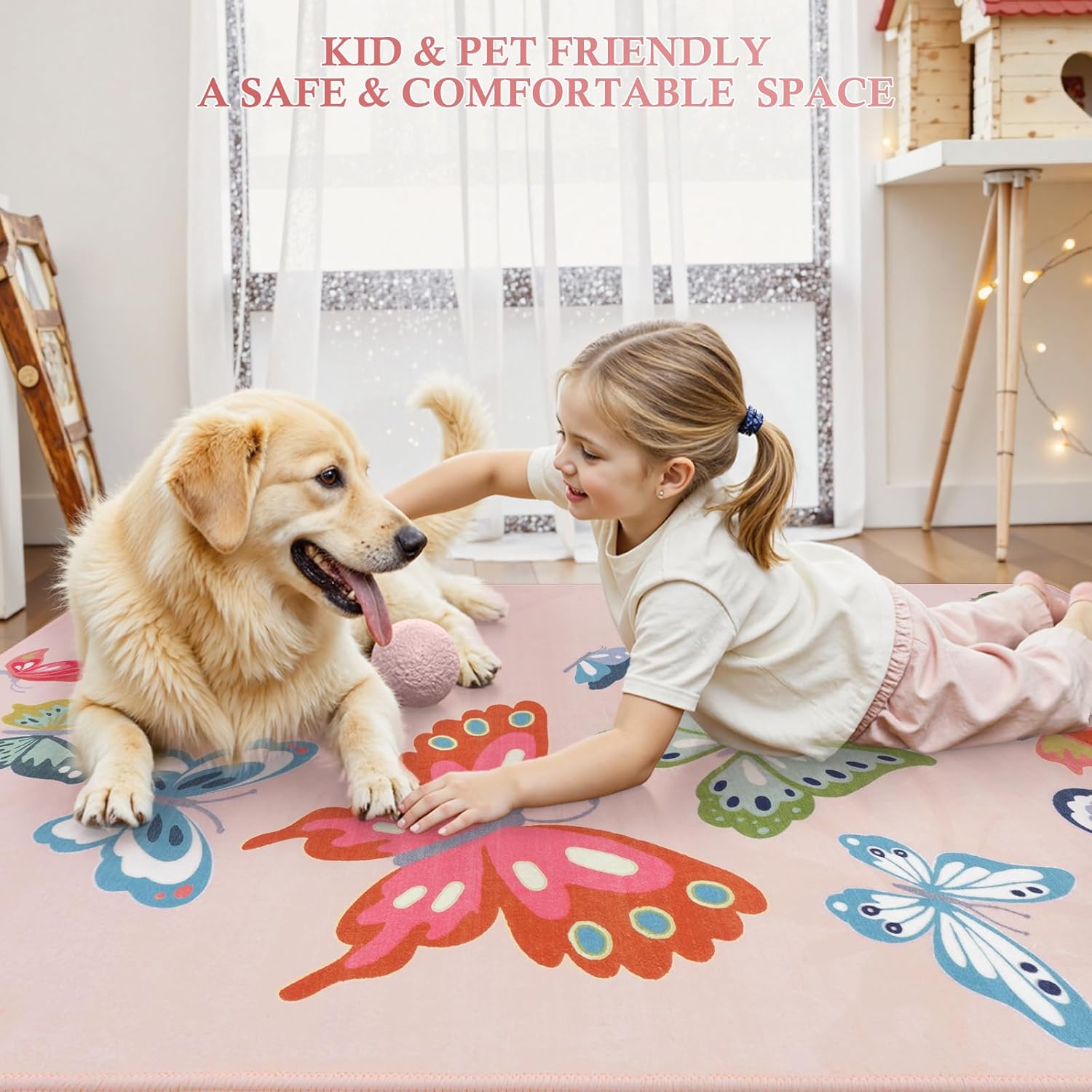 STARUIA Girls Rugs for Bedroom, 5x7 Washable Pink Kids Rugs for Playroom Nursery, Non Slip Soft Butterfly Area Rug, Baby Carpet for Kids Room Daycare Tent Dorm Castle Indoor Decor
