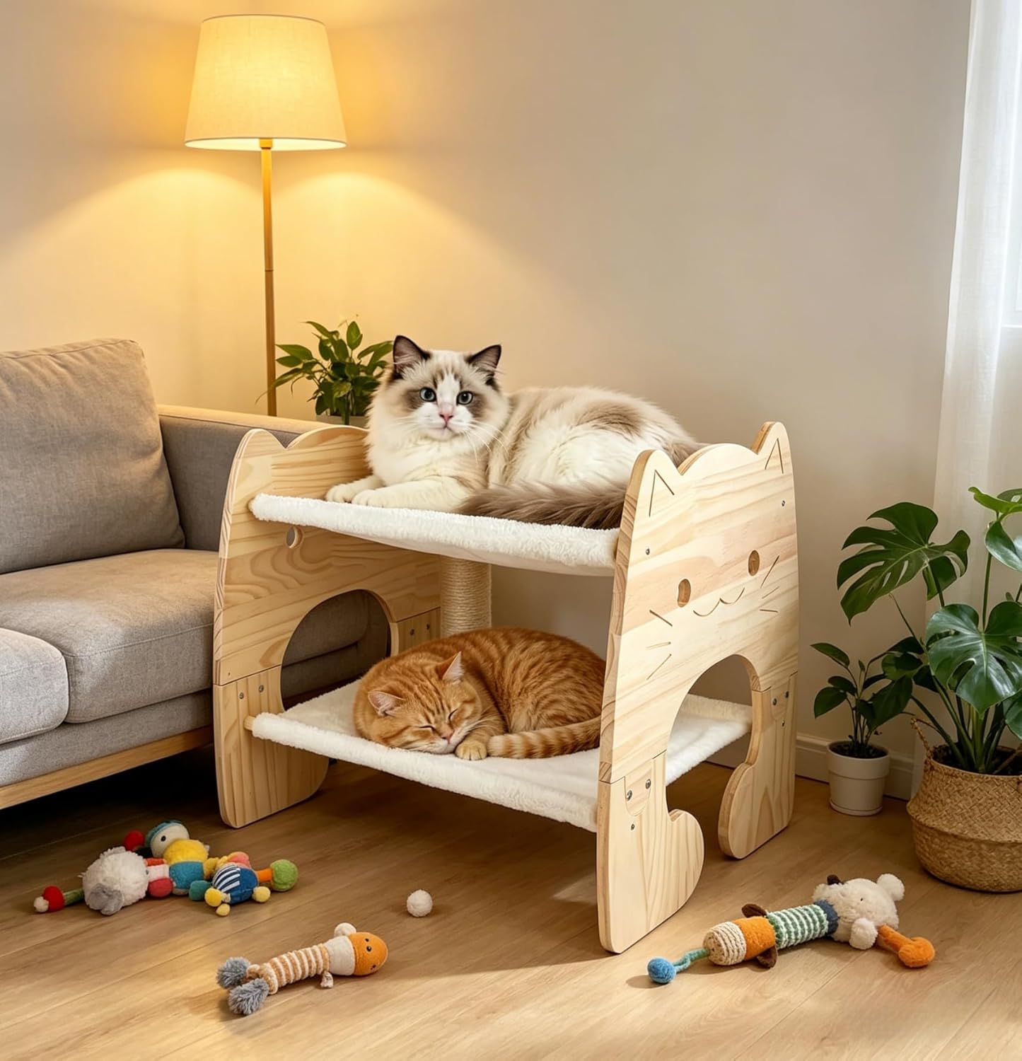 Extra Large 2 Layer Cat Bed, Pine Wooden Bunk Hammock Bed with Soft Breathable Washable Cover, Elevated Pet Bed for Cats Rabbit, 24.5x17.32x20.1 inch