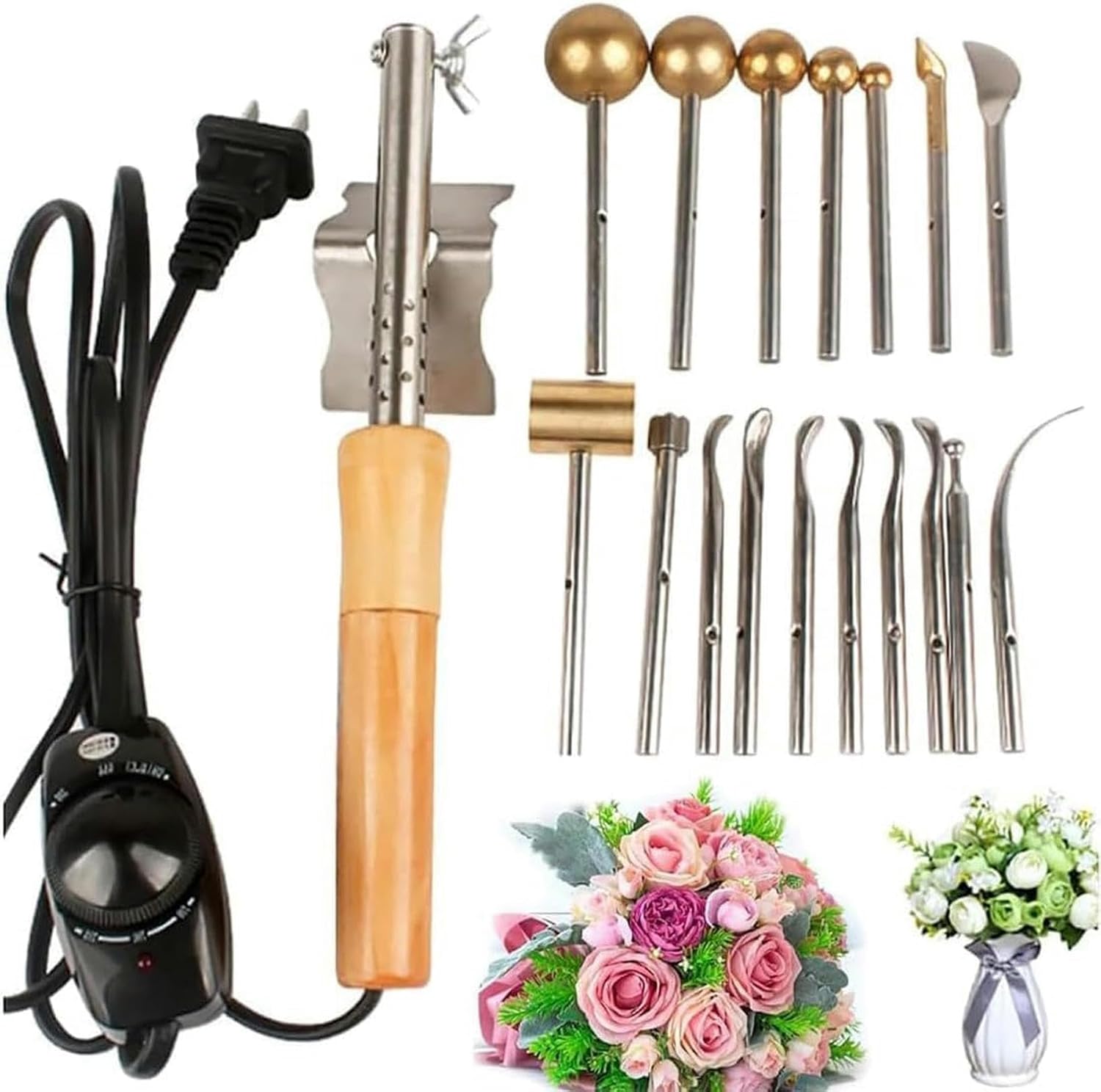 Fabric Flower Making Tool Set with Adjustable Temperature | DIY Artificial Flower Ironing Machine, Rapid Heating Up | Includes Anti-Scalding Bracket | 17 Heads