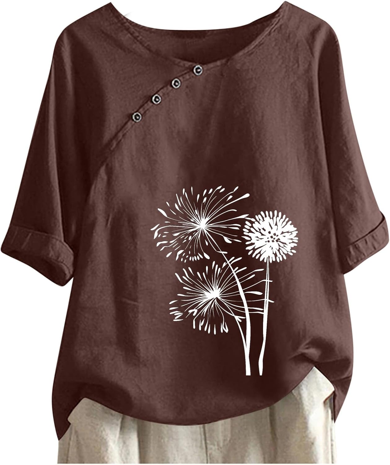 Womens Cotton Tops,Womens Graphic T Shirts Summer Cotton Linen Blouse Short Sleeve Crew Neck Shirt Floral Print Tops with Buttons 2025