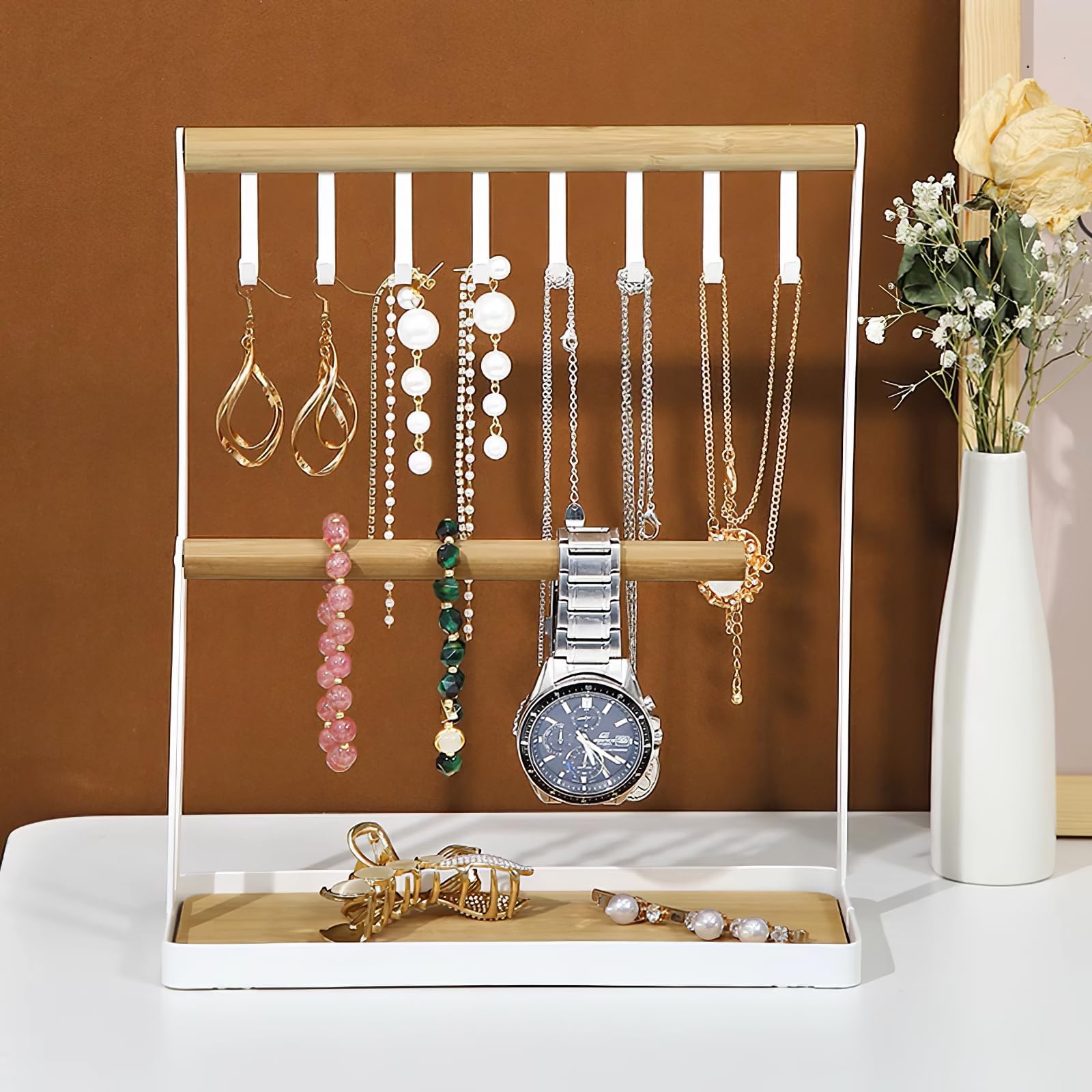Azyvum Sieradenstandaard van hout en metaal, kettingstandaard met 3 draaibare staven, sieradenboom, opbergoplossing voor kettingen, oorbellen, ringen, horloges en armbanden, cadeau voor dames