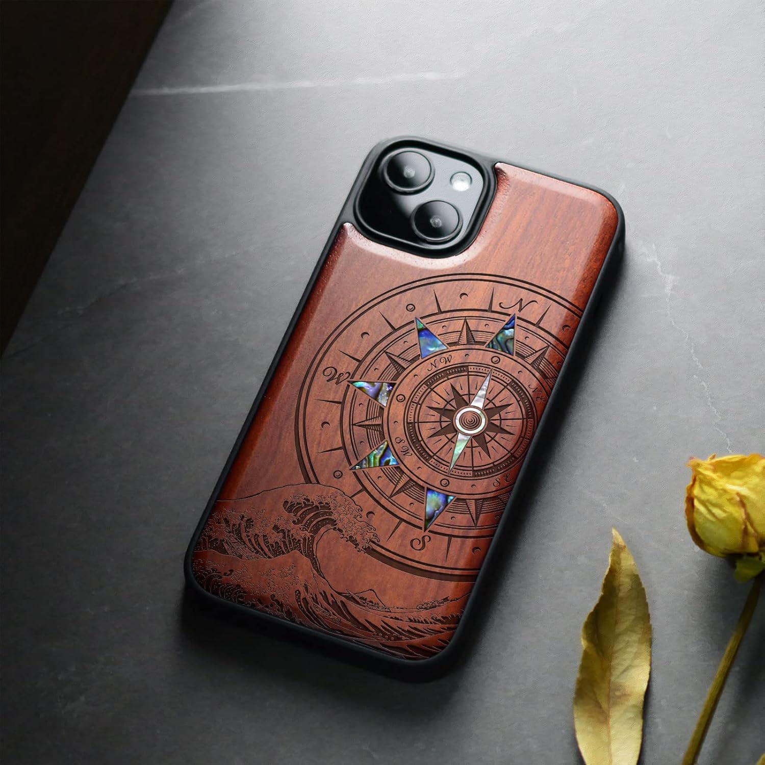 Carveit Designer Wooden Protective Case for iPhone 13 Mini Magnetic Cover [Wood Engraving & Shell Inlay] Wood Phone Case Compatible with 13 Mini MagSafe (Sea Wave Compass-Rosy)