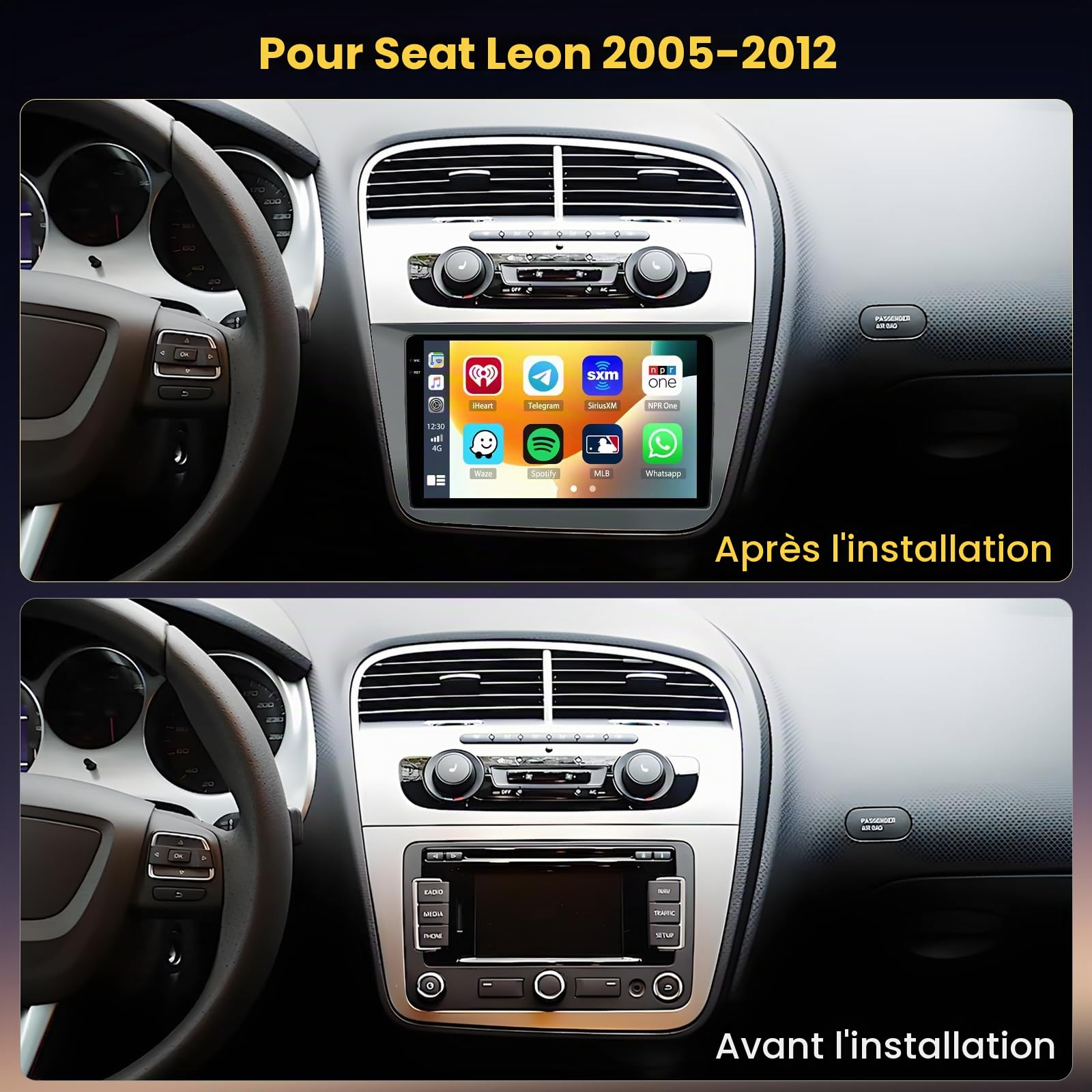 4+64GB Android 15 Autoradio pour Seat Altea 2004-2015, Toledo 2004-2009 Carplay Android Auto sans Fil, 9 Pouces Écran Tactile Poste Radio Voiture BT/GPS/Caméra de Recul/FM RDS/EQ/WiFi/SWC