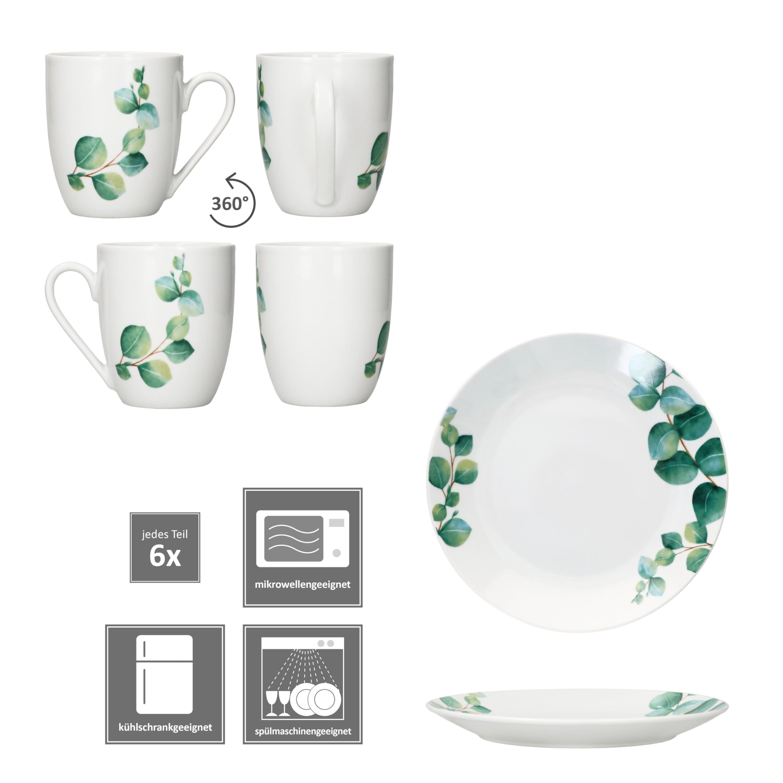 MamboCat Eukalyptus 12tlg Frühstücksset I Je 6x kleine Teller & Kaffeebecher 340ml für 6 Personen grünem Pflanzen-Dekor I Porzellan-Geschirr für Frühstücks- & Kaffeezeit