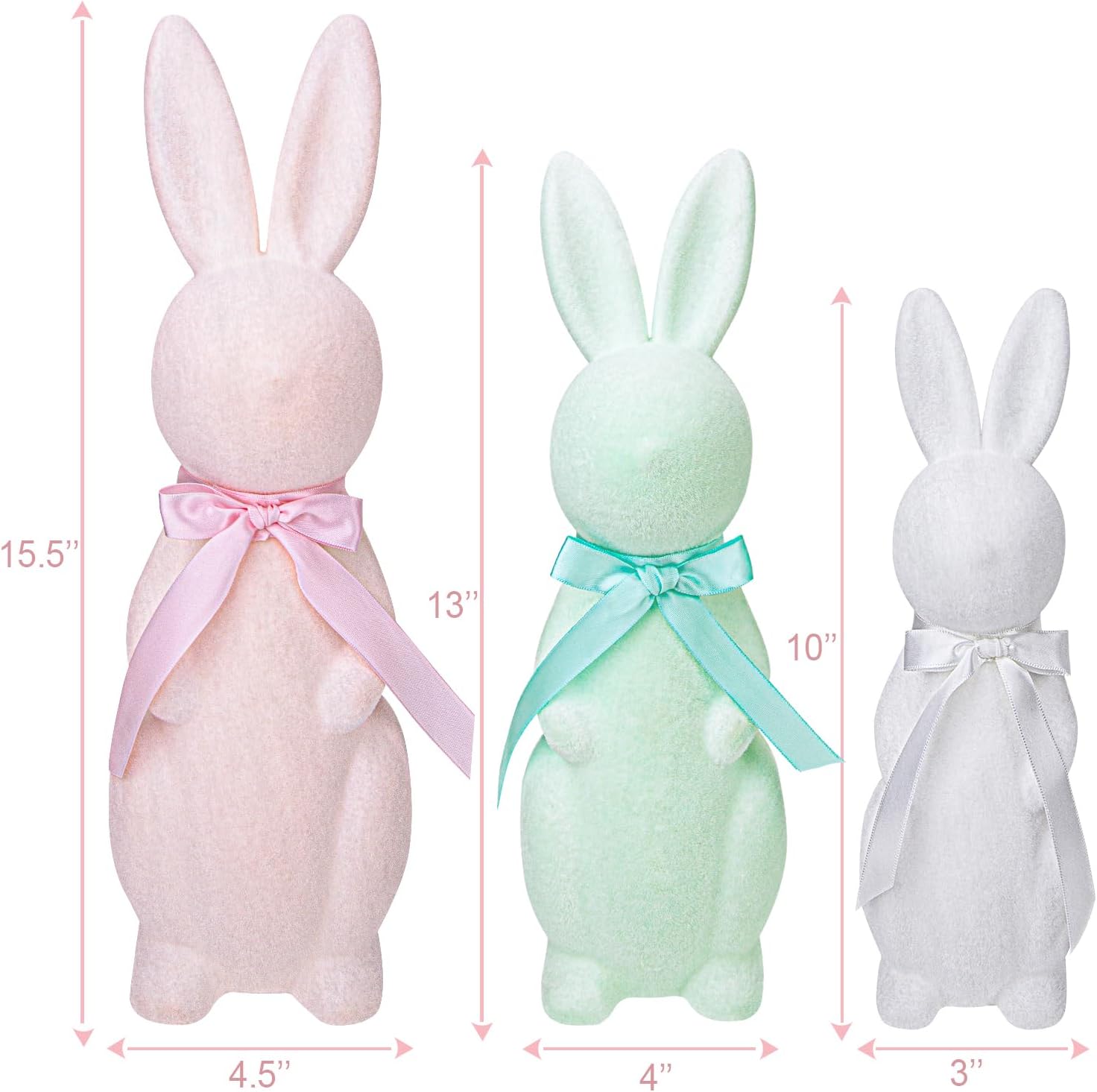 Easter Decorations - 3 Pack Pastel Flocked Bow-Tied Bunny Set (10", 13", 16") - Spring Table Centerpieces for Indoor Decor - Easter Bunny Figurines Decoration for Home Party Office - Image 2