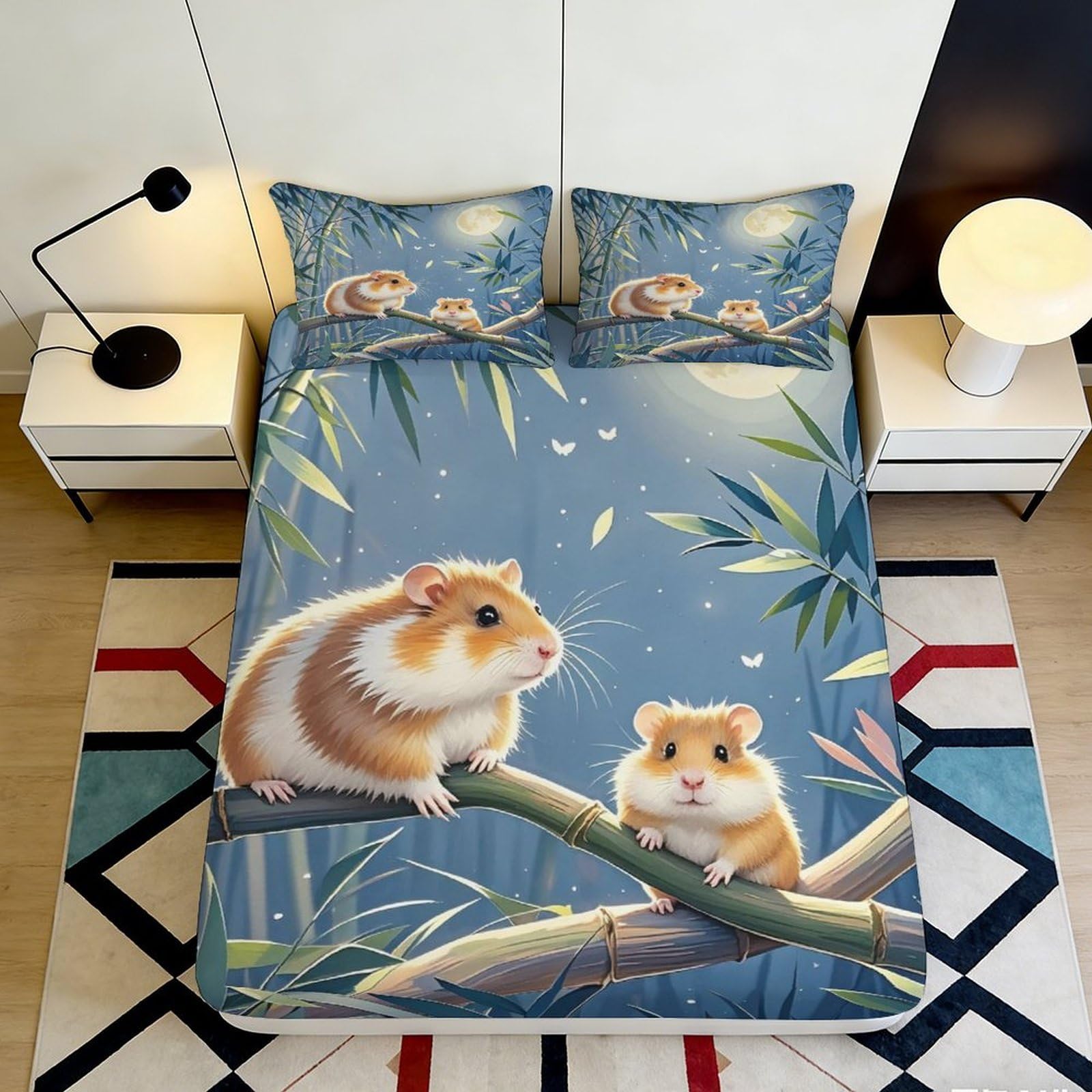 3D Printed Hamster Forest Fitted Sheet Microfiber Soft Breathable Bamboo Branch Bed Cover for Bedroom Dorm Decor 90x200x25cm