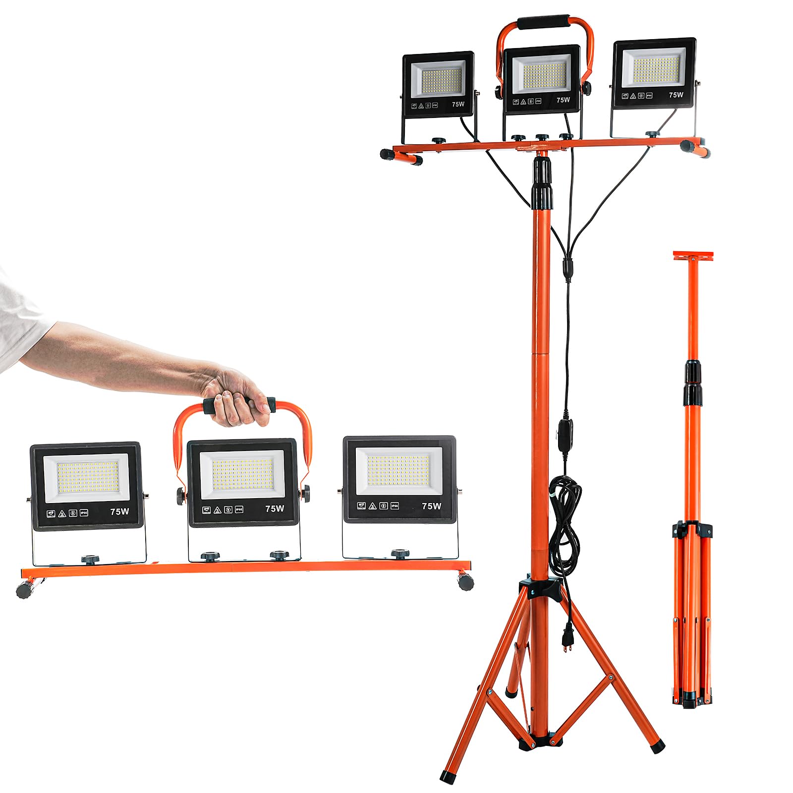 ETOOLAB Baustrahler LED mit Stativ | Baustrahler Led | 30000LM | 225W（ 3x 75W) | StrahlerArbeitsscheinwerfer 5m Bauscheinwerfer | Baustellenlampe | 98-200cm außen höhenverstellbar