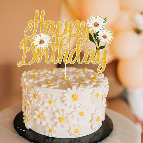 Miniatura 4 de Decoración para pastel de cumpleaños con purpurina dorada, decoración de pastel de margaritas hippie, decoración de verano con temática floral,