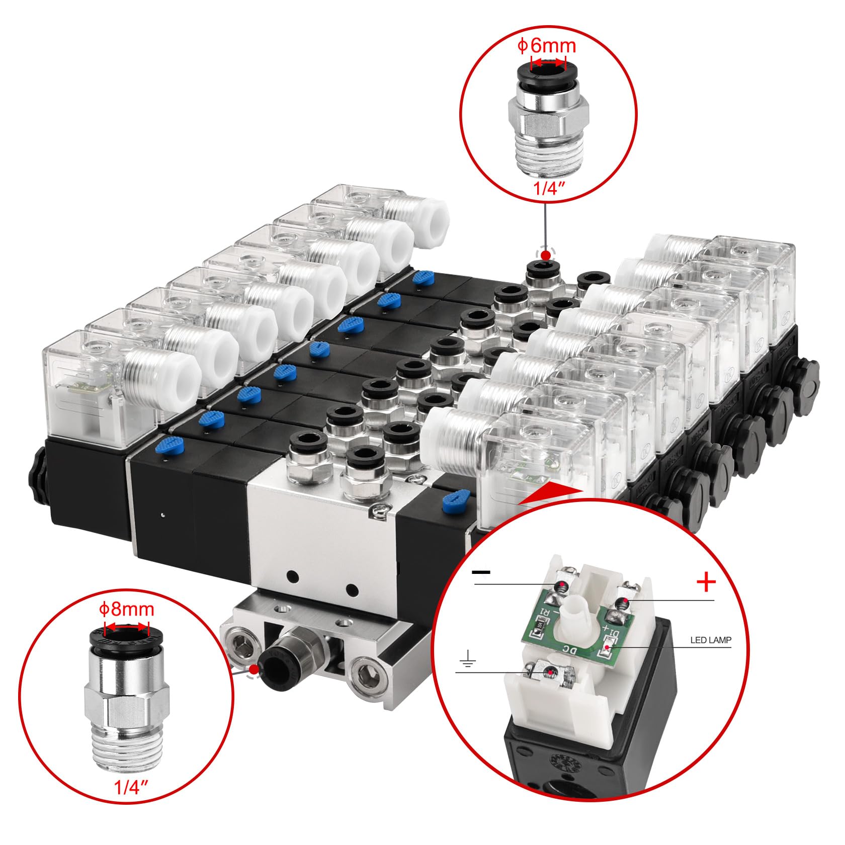 Heschen Electroválvula neumática eléctrica 8, 4V230C-08, 24VDC, PT1/4, 5 vías 3 posición, base del colector, silenciador, conjunto de accesorios rápidos, CE