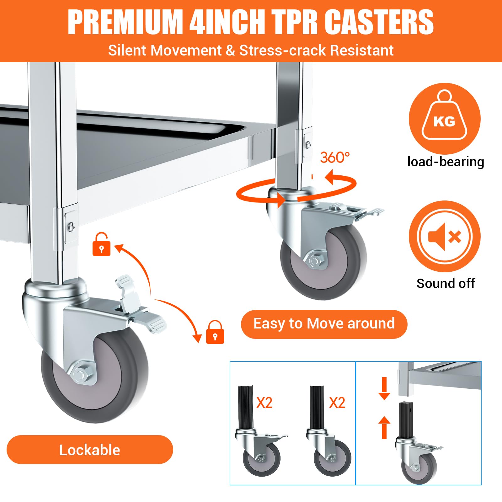 Carrito de Servicio de Acero Inoxidable 304 de 3 estantes, Capacidad 181kg, Ruedas 360° con Freno, para Cocina, Taller, Laboratorio y Restaurante